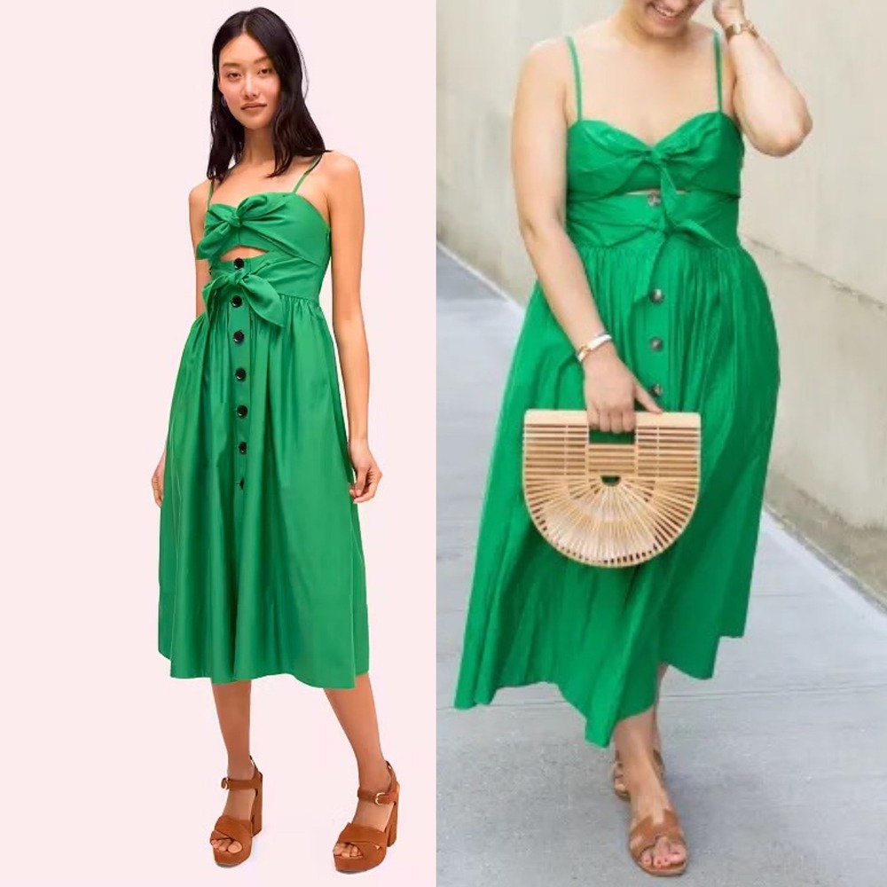 Kate Spade Green Tie Front Front Cutout Midi Dress | Size 4 Cotton Silk Dopamine